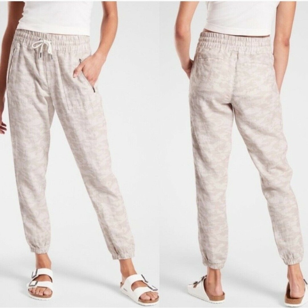 ATHLETA Womens 8 Cabo Linen Tide Jogger Pants Neutral Camo Casual Zip Pockets